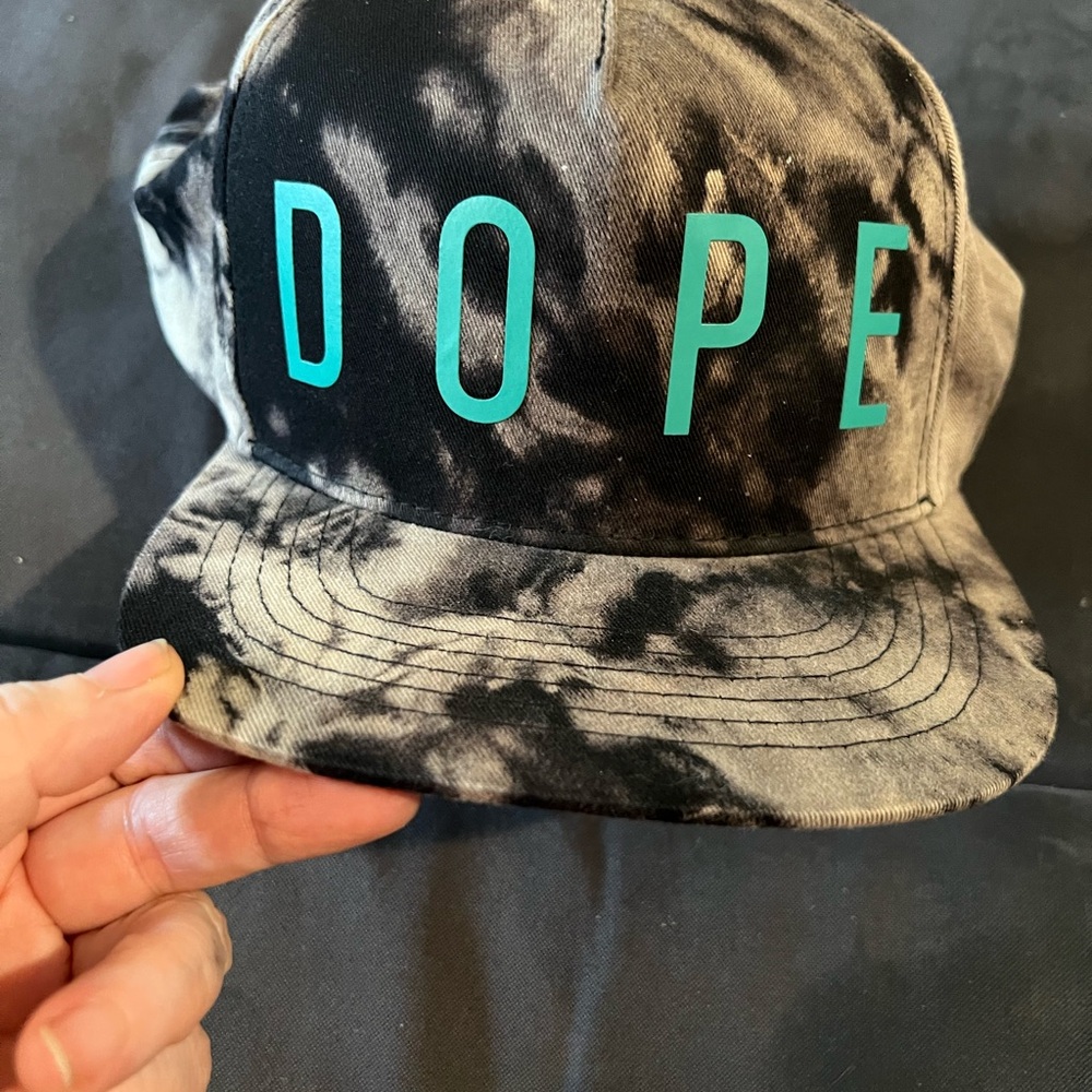 DOPE adult Black Tie-Dye Cap w Teal Lettering like new